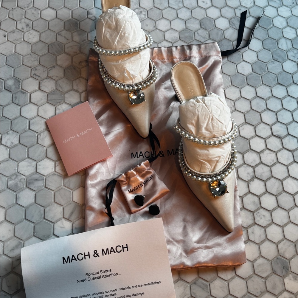 MACH & MACH Pearl Embellished Heels - Cream and Silver